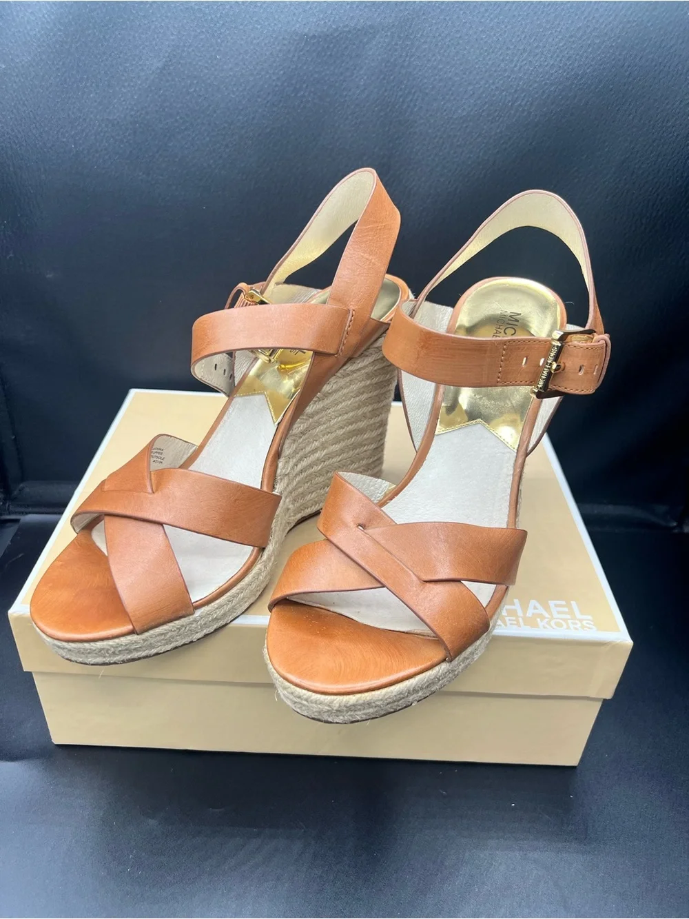 Michael Kors Cognac Leather Espadrille Wedge Sandals